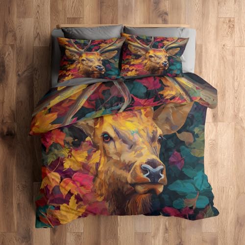 Generisch 200x200 Bettwäsche Elch Bettbezug - 3tlg, 2 Kissenbezug 80x80, Wald Tiere Muster, Schlafzimmer Deko, Weiche Mikrofaser Wendebettwäsche mit Reißverschluss N477A