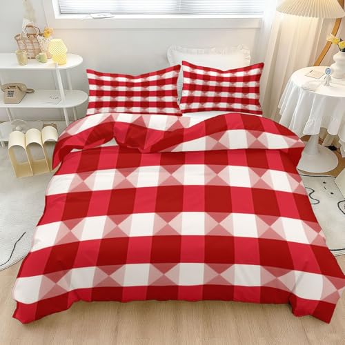 135 x 200 cm Bettwäsche Modern Kariert Rautenförmig Geometrisch Bedruckte Bettbezug mit Eckbändern, Einfache Pflege, Rot 3-Teiliges Bettwäsche Set mit Reißverschluss und 2 Kissenbezug