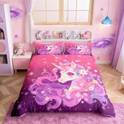 Homemissing niedliches rosa Einhorn Bettwäsche Set 135x200cm Mädchen Träumiges Pferd Betten für Kinder Einhorn Floral Glitter Bettbezug Zimmer Dekor Bettwäsche-Set weich