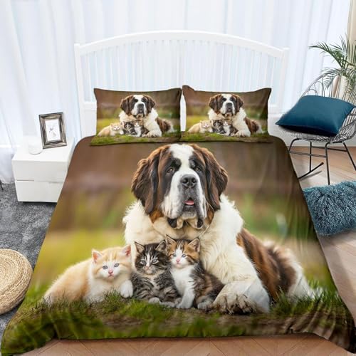 Bettwäsche 200x200 Hund Bettwäsche-Sets Atmungsaktive Angenehme Bügelfrei Microfaser 3D Bettbezug Katze mit Reißverschluss und 2 Kissenbezüge b-6977