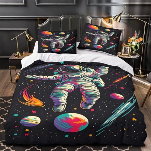 WLASDBOCP Astronaut schwebt 3D Bedruckt Bettdeckenbezug 3teilig Mikrofaser hautfreundlich Lebendige Weltraumillustration Bettbezug 2 Kissenbezüge Abriebfest Kinderzimmer Deko Single?140x200cm?