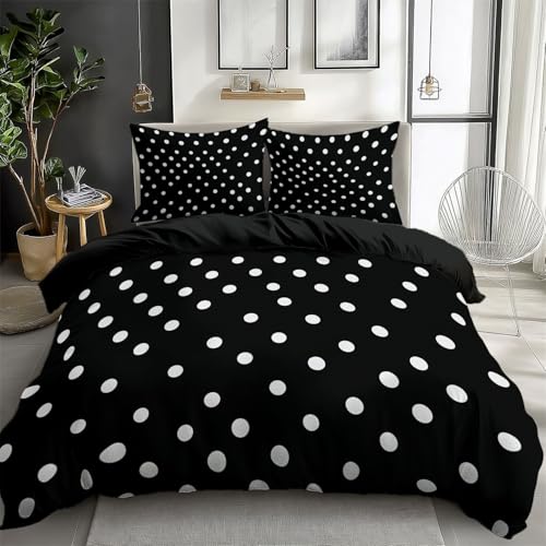 Bettwäsche 3 Teiligs 200 x 200 cm Weich Microfaser Wendebettbezug Bettwäsche Sets Einfach Stilvoll Polka Punkte mit 2 mal Kissenbezüge 80x80cm, Bettdeckenbezug Set mit Reißverschluss Schwarz
