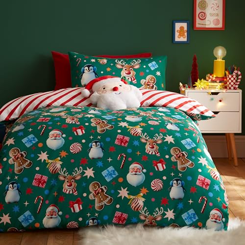 Catherine Lansfield Wende-Bettwäsche-Set mit Kissenbezug, Motiv: Weihnachtssymbole, Grün Catherine Lansfield Wende-Bettwäsche-Set mit Kissenbezug, Motiv: Weihnachtssymbole, Grün