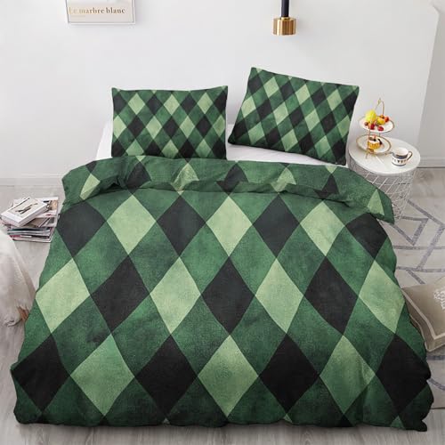 Kariert Deko - Winter Bettwäsche 200x200 Kariert, Weihnachts Grüne Plaid Bettbezug 3teilig mit 2 Kissenbezug 80x80, Weiche Mikrofaser Winterbettwäsche mit Reißverschluss Z*&35