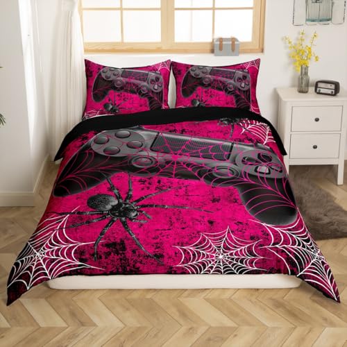 feelingyou Jungen Gamer M Größe Bettdecke Set, schwarzes Gamepad Videospiele Thema umkehrbare Decke Abdeckung mit 1 Kissenbezug, Retro Pink Halloween Spider atmungsaktive Bettwäsche Set (Nicht Decke)