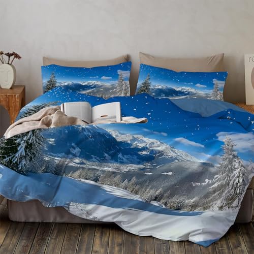 Bettwäsche 135*200cm Blau Schneebedeckte Berge Kiefern Bettbezug Set 3 Teilig Winterliche Naturlandschaft Blümchen Blumenmuster Weich Bettwäsche-Sets mit 2 Kissenbezüge 80x80 cm und Reißverschluss