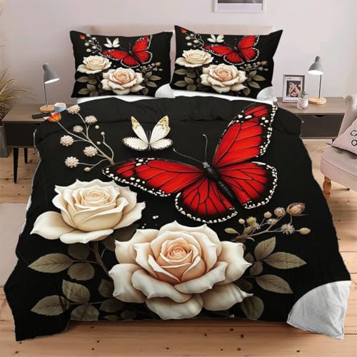 Fotmung Bettwäsche 155x220 Blumen und Schmetterlinge, Deluxe Hohe Qualität Bettbezug 155 x 220 cm mit 2 Kissenbezug 80 x 80 cm, Bettwäsche Set für Doppelbett mit Reißverschluss