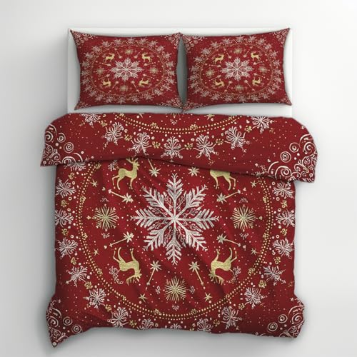 Generisch Mikrofaser Bettwäsche 155x220 Schneeflocke 2tlg - Hirsch Elch Weihnachten Heiligabend Wendebettwäsche Deko, Weiche Bügelfreie Bettbezug mit Reißverschluss, 1 Kissenbezug 80x80 AB949