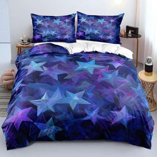 Bettwäsche 220x240 mit Blau-Violettem Farbverlauf und Geometrischem Sternenmuster, Romantischer, Verträumter Himmels-Bettbezug für Mädchen und Frauen, Weiche, Pflegeleichte Super-King-Size-Bettdecke