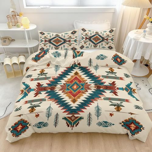 Bettwäsche Set 135 x 200 cm Stammesethnischer Stil Bettbezug, Mikrofaser Bettwaren Bettbezug für Mädchen Jungen, Westlich Traditionell Geometrisch Raute Weich 3 teilig - Schlafzimmer Dekorieren