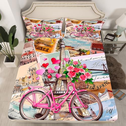 Eiffelturm eingerichtet Blatt S Größe (Keine Wohnung), romantische Paris Bettwäsche Sets,Zimmer Dekor, Liebe Rose Fahrrad Bettwäsche Vintage Foto Postkarte Tiefe Tasche Blatt, 1 Kissenbezug
