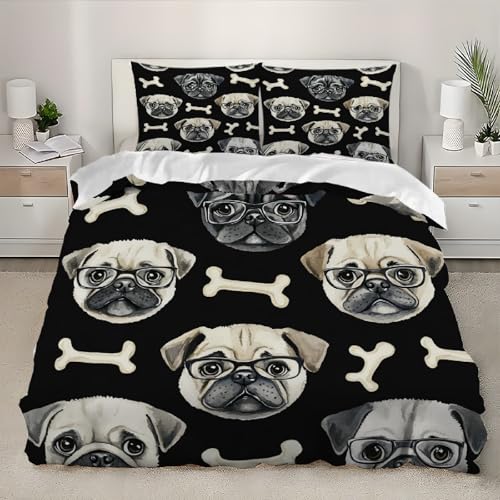 3D Bettwäsche200x200 cm Weich Mikrofaser SüßEr Mops 3teilig Bettbezug mit Reißverschluss Hypoallergen mithochwertigen Tier Bettwäsche-Sets für Kinder Jugend