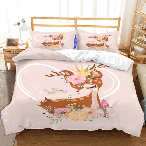 Hongduo 3D Hirsch Tier Bettwäsche 135x200 cm Weiche Mikrofaser Cartoon Thema Bettwäsche-Set mit Reißverschluss 3 Teilig Bettbezug mit Kissenbezug 80x80 cm