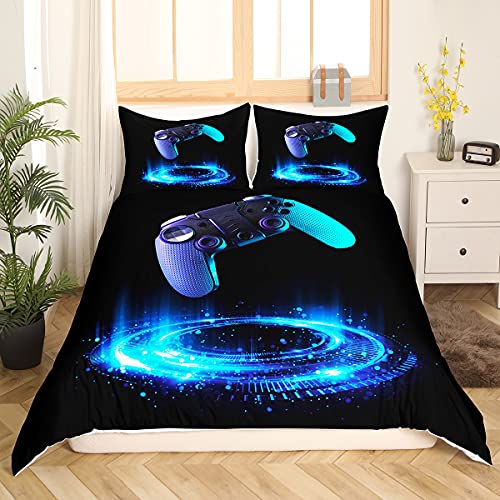 Loussiesd Jungen Gamepad Bettwäsche Set 135x200cm Videospiel Gaming Bettbezug Set für Kinder Jugendliche Erwachsene Geometrischer Kreis Betten Set Game Controller Bettwäsche Schwarz Blau 2St
