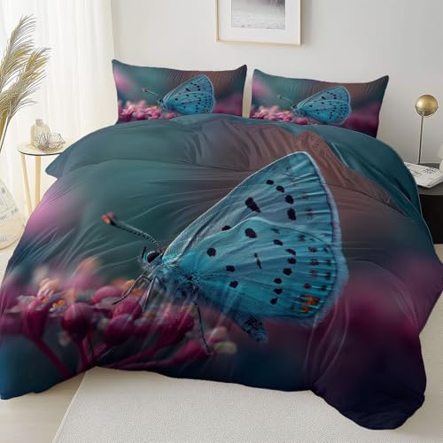 Generisch Bettwäsche-Set 200 x 220 cm - Foto Schmetterling Blumen Mikrofaser Bettbezug für Allergiker Mikrofaser Bettbezug, Blau mit Reißverschluss und 1 Kissenbezug 80x80 cm