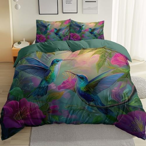 Wendebettwäsche Set 135 x 200 cm, Kuschelige Mikrofaser Bettwäsche mit Reißverschluss Bedruckt Fantasievogel Blumenillustration, Atmungsaktiv für Erwachsene, Teenager Türkis