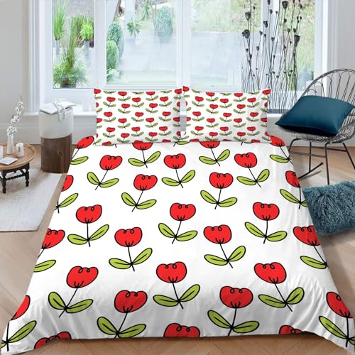 MAQUE Rot BettwäSche Set Blümchen BettwäSche 135x200, WendebettwäSche und Kissenbezug 80x80, Weiche & Angenehme & Atmungsaktive Mikrofaser BettwäSche-Sets mit ReißVerschluss