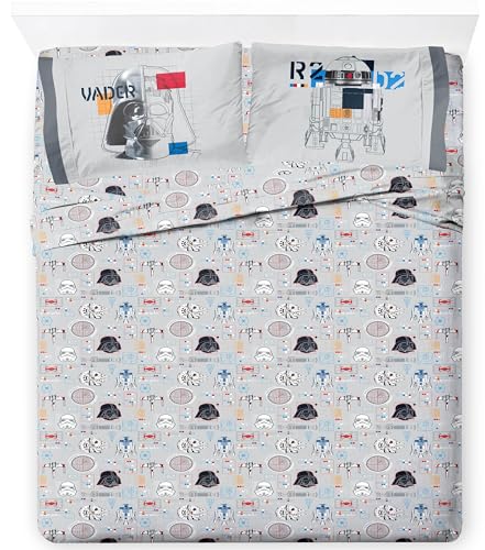 Jay Franco Kinder-Bettwäsche-Set enthält Bettlaken und Kissenbezug, Bettwäsche und Raumdekoration, 100 % Mikrofaser, Grau – Star Wars 01, 4-teiliges Queen-Size-Bett