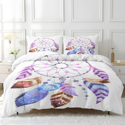 HYSNKSM Bettwäsche 155x220 Violett Bettwäsche Sets 3Teilig Mikrofaser Bettbezug 155 x 220 und 2 Kissenbezug 80x80 cm Kuschelige Bettbezüge Traumfänger mit Reißverschlus c1532