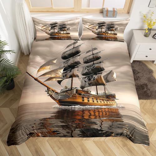 Homewish Segelboot Bettbezug,Retro Pirate Segelboot Bettwäsche Set 200x200 für Kinder Teenager Erwachsene,Thema Tröster Abdeckung,Marine Muster Bett Set mit 2 Kissenbezüge Schlafzimmer Dekoration