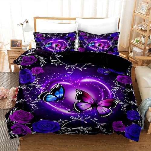 WZXGHE Bettwäsche Schmetterling 135x200,Weiche Kuschelige Mikrofaser Lila Herzen Schmetterling Bettbezug Set,mit Reißverschluss1 Bettbezug Und 2 Kissenbezüge 50x75 (Schme-Schmetterlinge-4, 135x200cm)