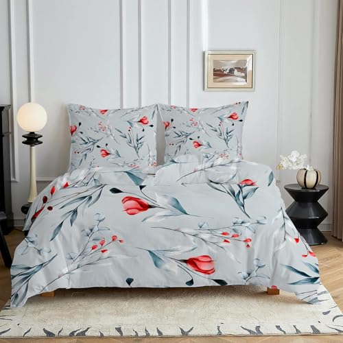 HYSNKSM Bettwäsche 200x200 Rot Bettwäsche Sets 3Teilig Mikrofaser Bettbezug 200 x 200 und 2 Kissenbezug 80x80 cm Kuschelige Bettbezüge Landhausstil mit Reißverschlusc4396