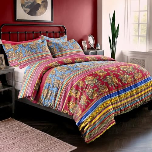 Dreamzie Böhmisch Bettwäsche 200x200 3 Teilig Rot Blau Bunt Indischen Boho Bohemian Bettbezüge mit Reißverschluss und 2 Kissenbezug 80x80 aus 100% Mikrofaser - Zertifiziert ohne Chemikalien (Oeko TEX)