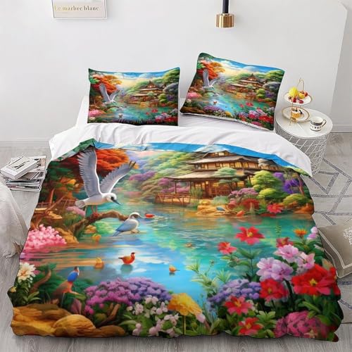 Zbeiba Bettwäsche 135x200cm Vogels and Flowers Bettbezug und 2 Kissenbezug 80x80cm 3 teilig,#13,3D Drucken Bettbezug Mit Reißverschluss