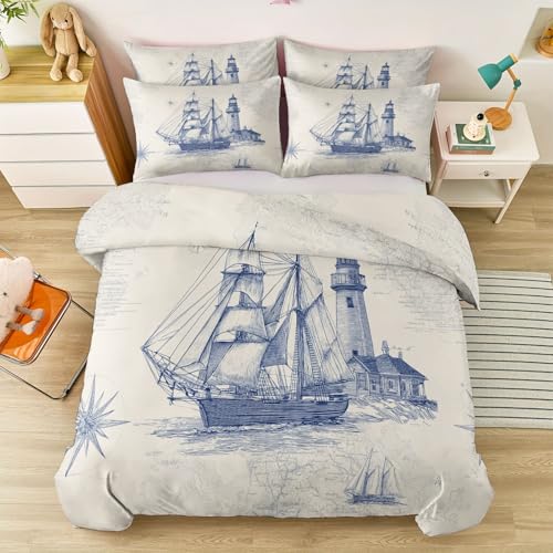 Bettwäsche Set Beige Vintage Nautisch Segelboot Leuchtturm Weich Bettbezug, 3teilig - 1 Bettwäsche 155 x 220 cm und 2 Kissenbezug für Jugendliche Kinder mit Reißverschluss