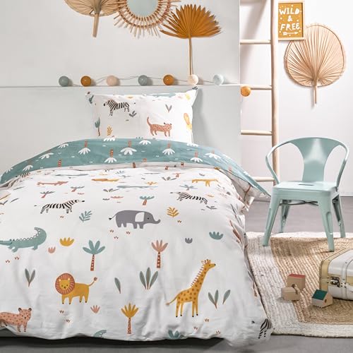 Safari Bettwäsche Set 2-teilig mit Tieren - Decke 135x200 + Kissen 80x80 cm mit Reißverschluss - Kinderbettwäsche für Jungen und Mädchen aus 100% Baumwolle - Renforcé, Hautfreundlich, Oeko-Tex Safari Bettwäsche Set 2-teilig mit Tieren - Decke 135x200 + Kissen 80x80 cm mit Reißverschluss - Kinderbettwäsche für Jungen und Mädchen aus 100% Baumwolle - Renforcé, Hautfreundlich, Oeko-Tex