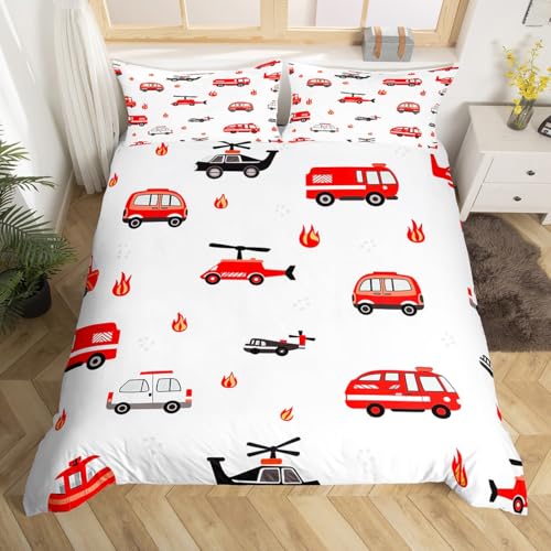 Homemissing Feuerwehr Bettwäsche Set 135x200cm Feuerwehrmann Auto Fahrzeug Bettbezug mit Reißverschluss Rotes Auto mit 1 Kissenbezug Bettwäsche-Set