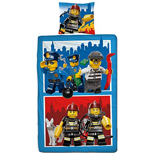 Lego CITY Figuren Set Kinder Jungen Bettwäsche · Kinderbettwäsche · POLIZEI & FEUERWEHR 2 teilig - Kissenbezug 80x80 + Bettbezug 135x200 cm - 100% Baumwolle - deutsche Größe