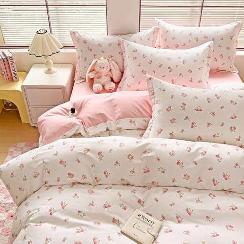 Covebett Bettwäsche 135x200 Weiß mit Rosa Blümchen Blumen Botanisch Muster Wendebettwäsche Set Aesthetic Blüten Blumenwiese Pflanzenmuster Bettbezug Reißverschluss und Kissenbezug 80x80cm