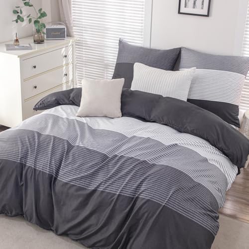 Nesture Bettwäsche 155x220 Anthrazit, Bettwäsche-Sets mit Gestreift Muster Microfaser Bettbezug 155 x 220cm 2 Teilig bügelfrei & weich - 1 Deckenbezug und 1 Kissenbezug 80x80 mit Reißverschluss