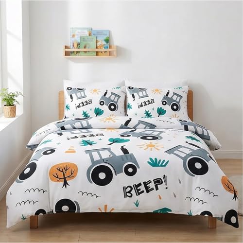 SYHIEGO Bettwäsche Set 200x200 cm mit 2 Kissenbezügen 80x80 cm, Cartoon-Traktor und Verspielter Stil Muster, Mikrofaser Bettbezug für Doppelbett, mit Reißverschluss -AAc46
