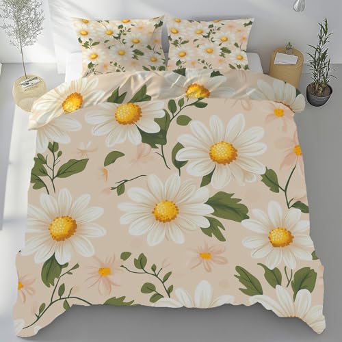 Tyafsgvqo Gänseblümchen Bügelfrei Bettwäsche 135x200 cm, Landhausstil Blumen Bettbezug 3 Teilig, Natur Pflanzen Floral Bettwäsche Set Kühlend Atmungsaktiv, Wendebettwäsche mit 2 Kissenbezug 80x80 cm