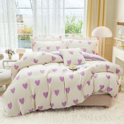 Covebett Winter Bettwäsche Flanell 200x200 Herzen Lila Weiß Warme Biber Plüsch Wende Winterbettwäsche 3teilig, Flauschig Fleece Mädchen Bettbezug und 2 Kissenbezug 80x80 mit Reißverschluss
