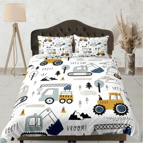 ZZTBQ - Bettwäsche für Kinder 135x200 - Kinderbettwäsche - Bettbezug und Kissenbezug-Set - Lastwagen, Bagger, Cartoon Baufahrzeuge - Einzelbettwäsche Set