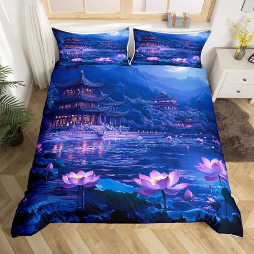 Homewish Japanischer Stil Bettbezug 135x200,Lotusblume Bettwäsche Set für Kinder Teenager Erwachsene Frauen Zimmer,Ästhetik Landschaft Tröster Abdeckung Bergnatur Bett Set mit 1 Kissenbezug
