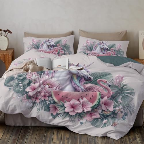 JEDTAKCT Bettwäsche 135X200Cm Tiere, Weiche Bügelfreie Mikrofaser Bettbezug Set, Beige Illustrationen Tropischer Pflanzen Muster Schlafzimmer Deko, 2 Kissenbezug 80X80, Reißverschluss