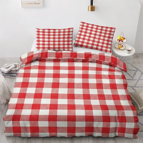 Generisch Kariert Deko - Kariert Bettwäsche 135x200 Winter, Rot Weiß Gingham Bettbezug 135 x 200 2er Set mit 1 Kissenbezug 80x80, Weiche Mikrofaser Winterbettwäsche mit Reißverschluss G#&158