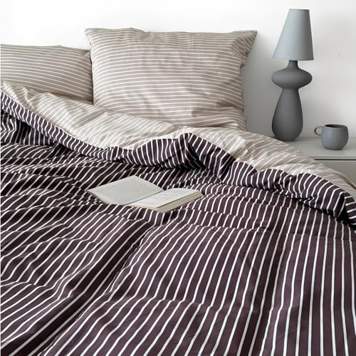 Magano® Luxus Bettwäsche 135x200 Streifen Beige/Braun | Bambus & Baumwolle Satin | 400 TC Premiumqualität | Hypoallergen & Klimaregulierend | Deckenbezug 135x200 cm + Kissenbezug 80x80 cm | Taupe