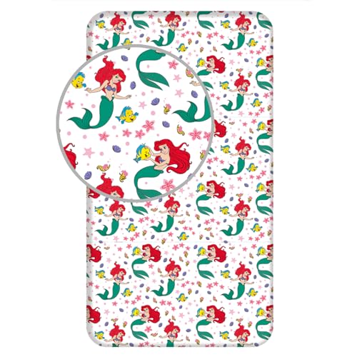 Jerry Fabrics Spannbettlaken für Einzelbett, Ariel Friends, Bettwäsche aus 100 % Baumwolle, bequem und atmungsaktiv, niedliches Disney-Prinzessinnenmotiv Arielle