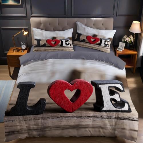 Herzförmige Buchstaben Bettwäsche 135x200 Landhausstil Bettwäsche-Sets für Mädchen Jungen Kinder Weiche Mikrofaser 3D Drucken Bettbezug mit Reißveschluss und 2 Kissenbezüge 1283.B