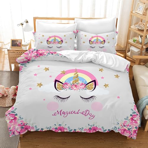Leleyouzer Kinder Einhorn Bettwäsche Set,Rosa Einhorn Bettwäsche für Mädchen,Weicher und Kuscheliger Mikrofaser Bettbezug für Mädchen mit 2 Kopfkissenbezügen 50 x 75 cm (Einhorn 1, 135×200 cm) Leleyouzer Kinder Einhorn Bettwäsche Set,Rosa Einhorn Bettwäsche für Mädchen,Weicher und Kuscheliger Mikrofaser Bettbezug für Mädchen mit 2 Kopfkissenbezügen 50 x 75 cm (Einhorn 1, 135×200 cm)