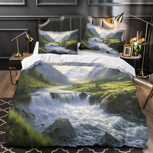 RJAVAGFZL Bergflusslandschaft 3D-Bedruckt 3er-Set Bettbezug Naturlandschaftskunst Steppbezug Mikrofaser Hypoallergen Reißverschluss für Jugendliche Mädchen Erwachsene Single (135x200cm)