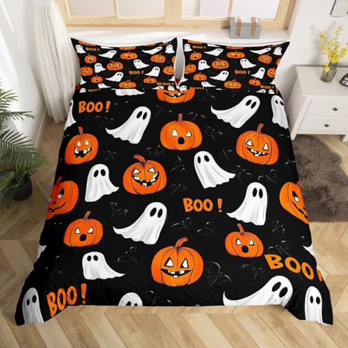 Halloween Boo Bettwäsche Set für Kinder Jungen Mädchen Kürbis Dekor Geister von Halloween Bettbezug, Tröster Bezug mit 2 Kissenbezüge,220x240 (Orange Schwarz Weiß) Kein Tröster