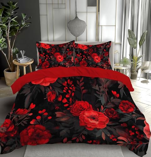 DLERFLOVR Pfingstrosen und Rosen Wende Bettbezug 135x200cm, Landhausstil, Bettwäsche Set Bügelfrei & Knitterfrei Bettbezügen Deckenbezug mit Kissenbezug Dunkelrot