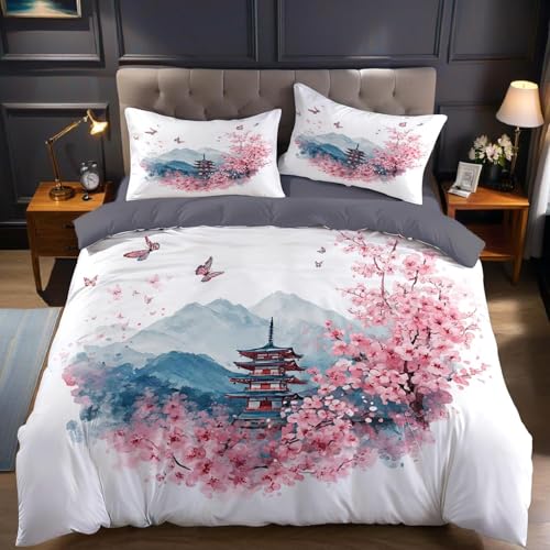 Bettwäsche 200x200 Japanisch-Orientalisch Bettwäsche-Sets Kirschblüten-Berg Fuji Bettbezug 200 x 200 cm mit Reißverschluss 3D Weiche Mikrofaser Bettbezüge mit 2 Kissenbezüge 80x80 cm C-391