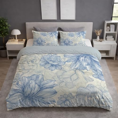 Minimalistisch Strichzeichnung Blumen Elegant 3-teilig Wende bettwäsche Premium Qualitãt Jeansblau Aus Mikrofase - Deckenbezug(200 x 200) Mit Reißverschluss - Kuschelig Weich & Bügelfrei